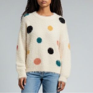 Asian Fashion Women's Warm Fuzzy Tunic Sweater Crew Neck Cream Polka Dots M/L